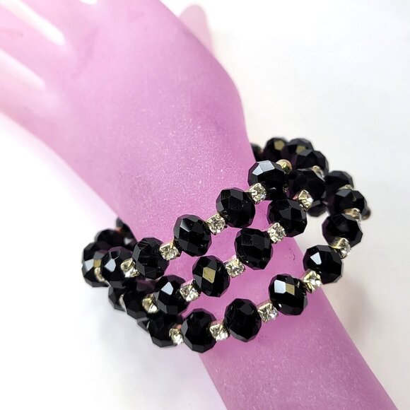 Black Bead Wraparound Stretch Slip-on Cuff Bangle - Picture 1 of 8